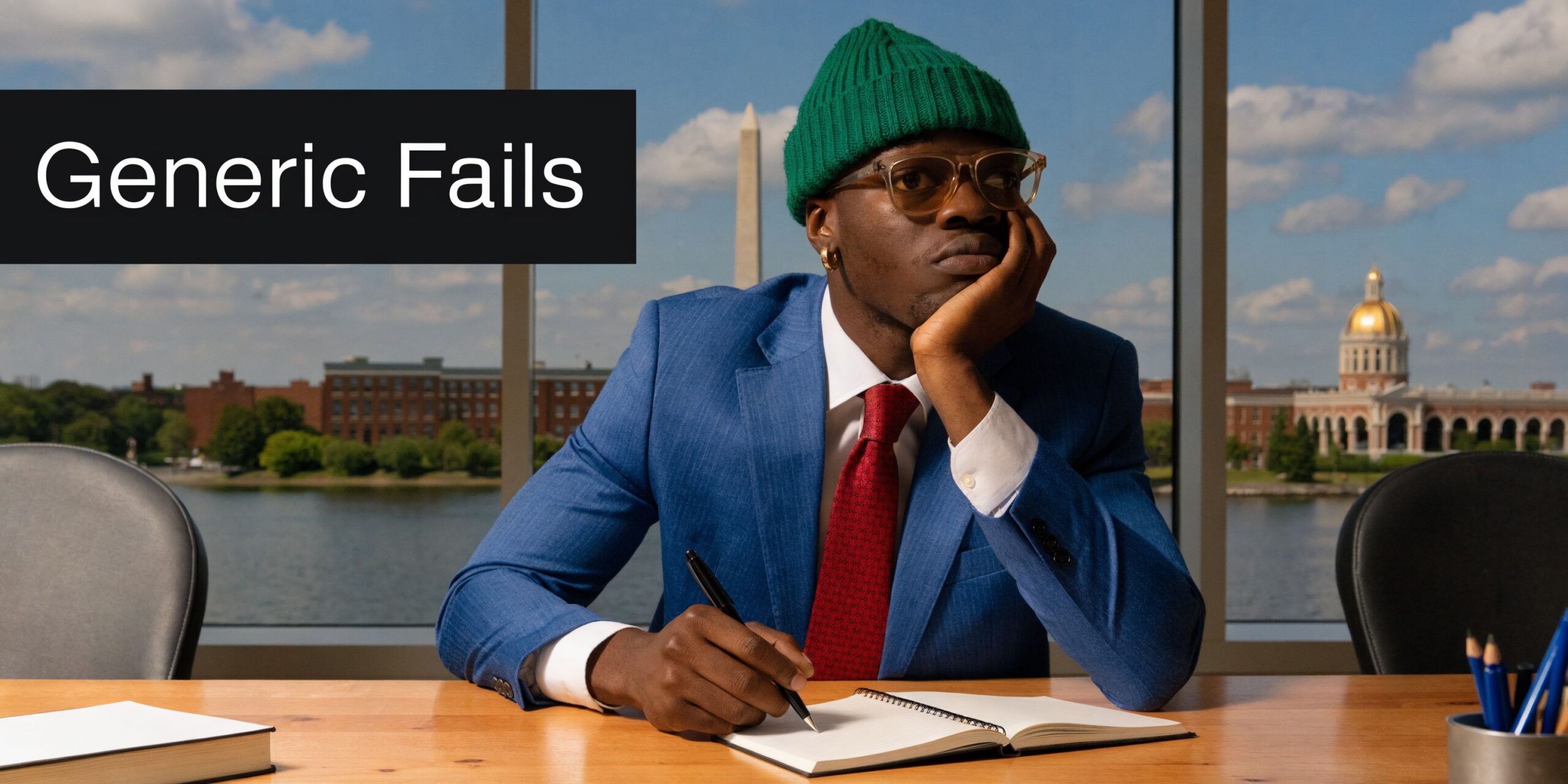 A man in a blue suit and green beanie sitting at a desk and thinking thoughtfully.