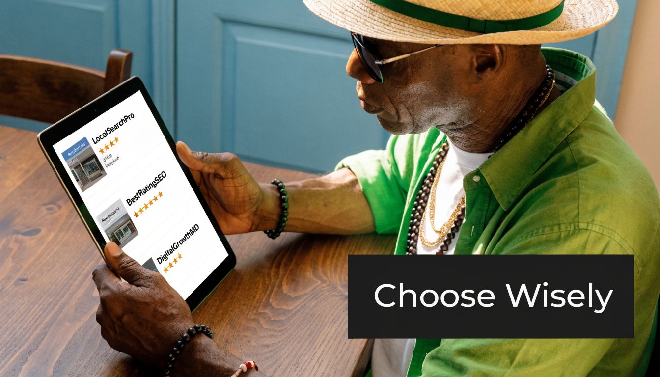 An older man wearing a hat and sunglasses reviews local SEO company ratings on a digital tablet.
