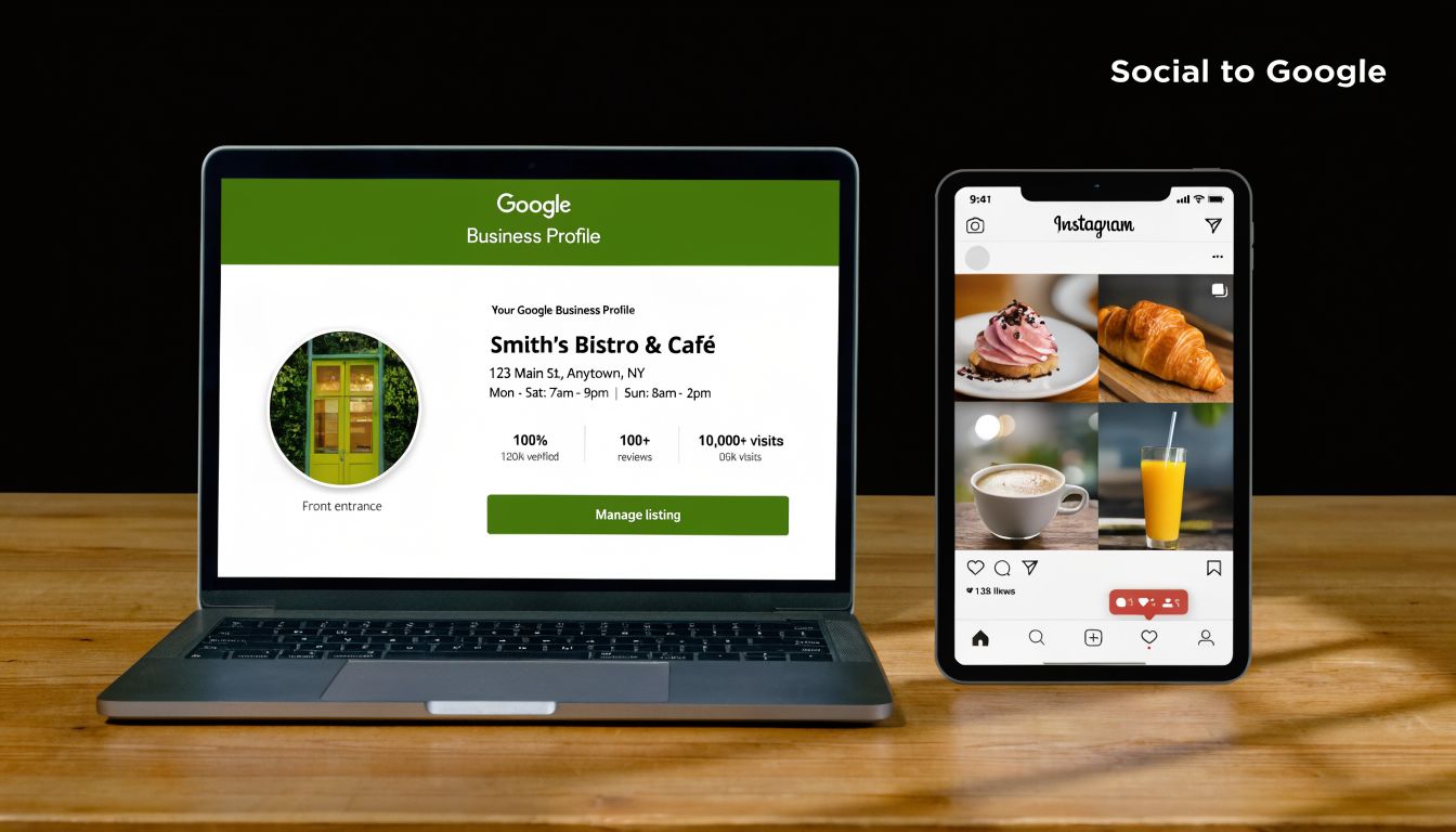 A laptop with Google Business Profile and a tablet with an Instagram feed showing an integrated digital marketing strategy.