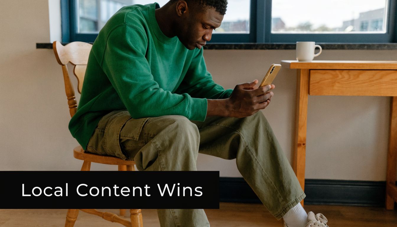 A young man looking at social media marketing content on his phone.