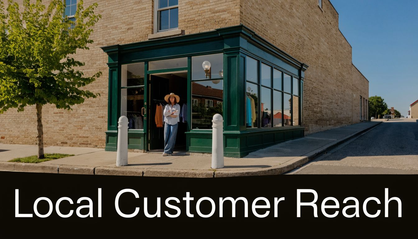 A woman stands in the doorway of a brick storefront, an example of a small business needing social media marketing services.