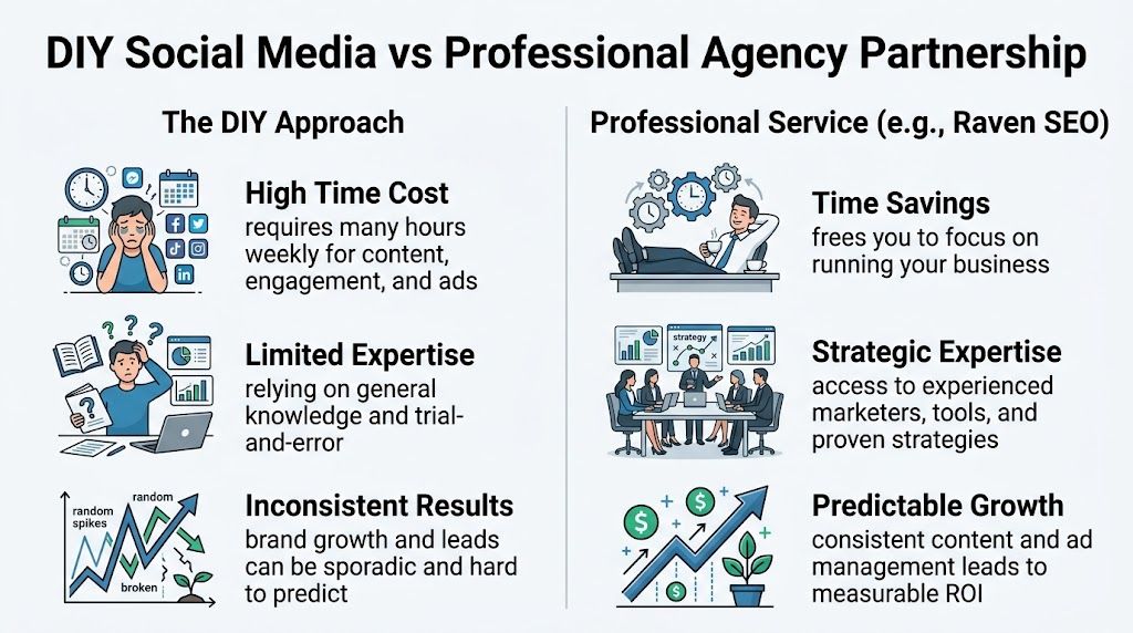 A comparison chart of social media marketing services for small businesses vs DIY social media management.