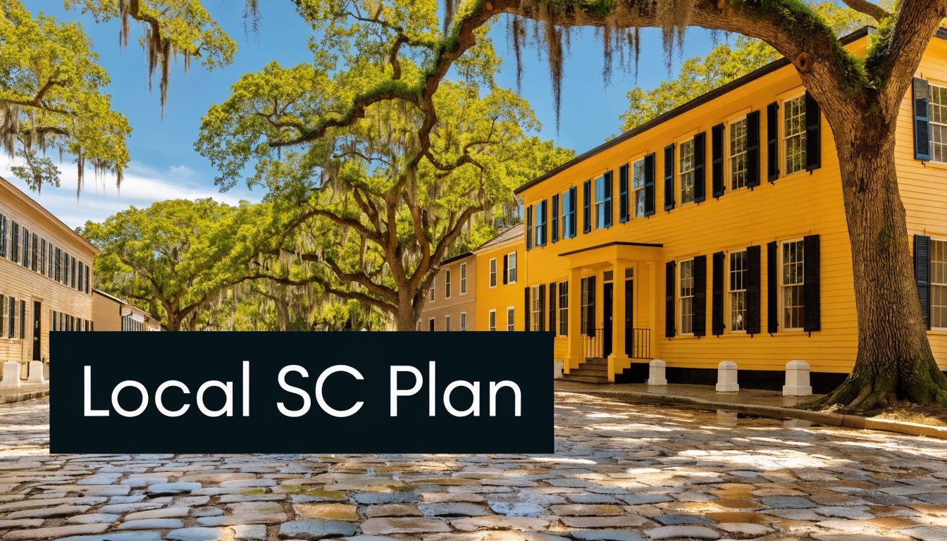 A scenic view of a historic cobblestone street in South Carolina lined with classic yellow buildings.