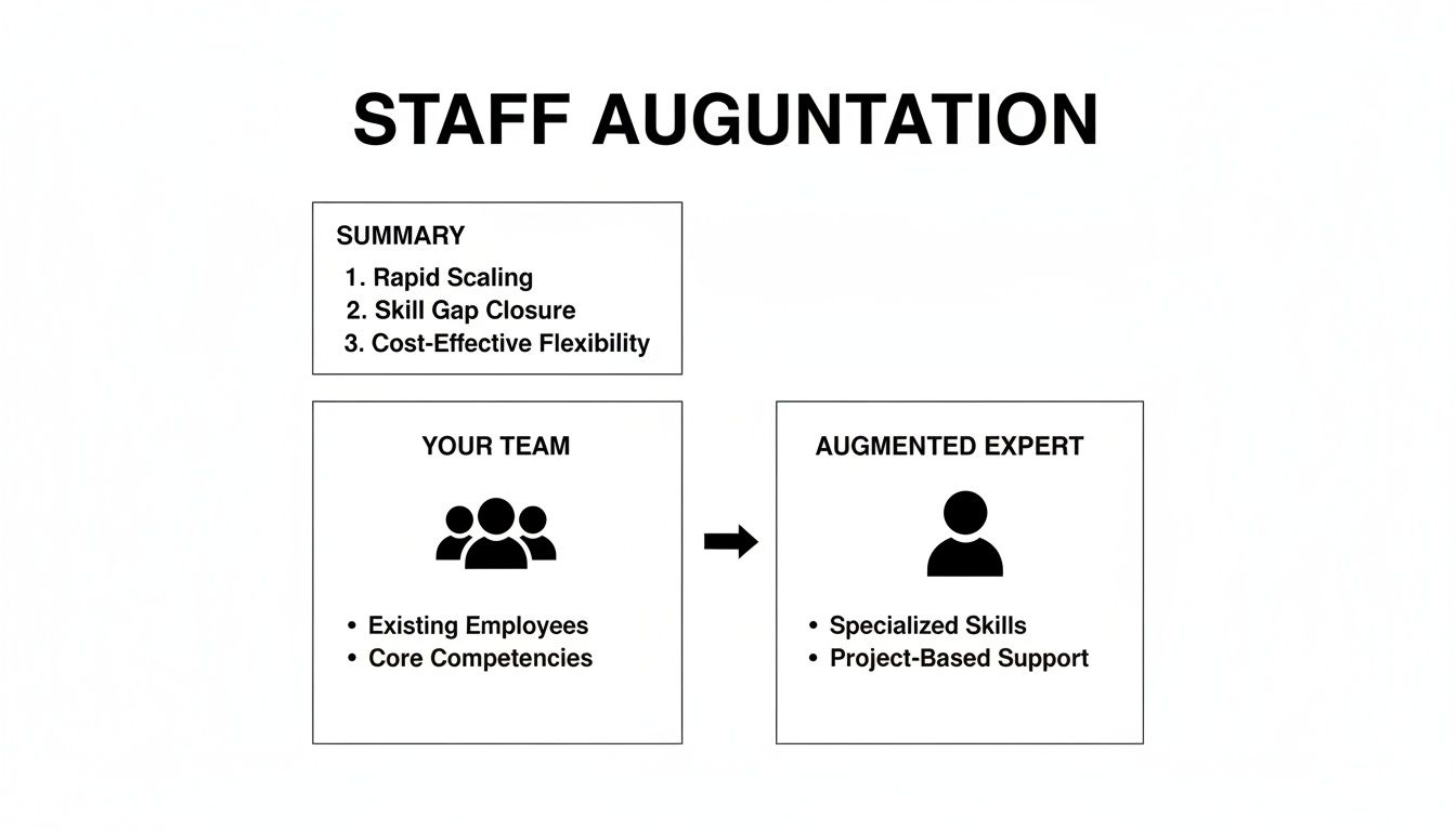 A diagram illustrating the staff augmentation company model, detailing summary benefits, existing team, and augmented expert roles.