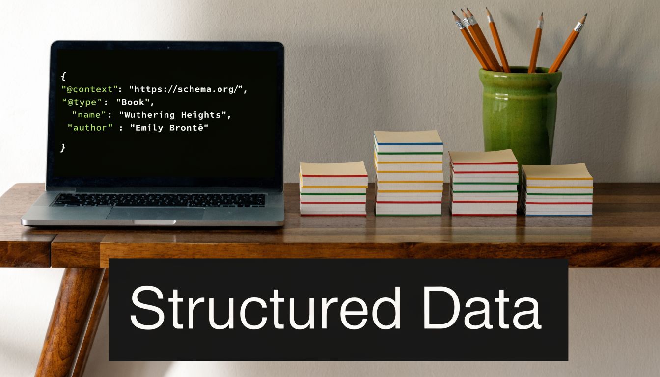 A laptop on a wooden desk displaying structured data code for the book Wuthering Heights.