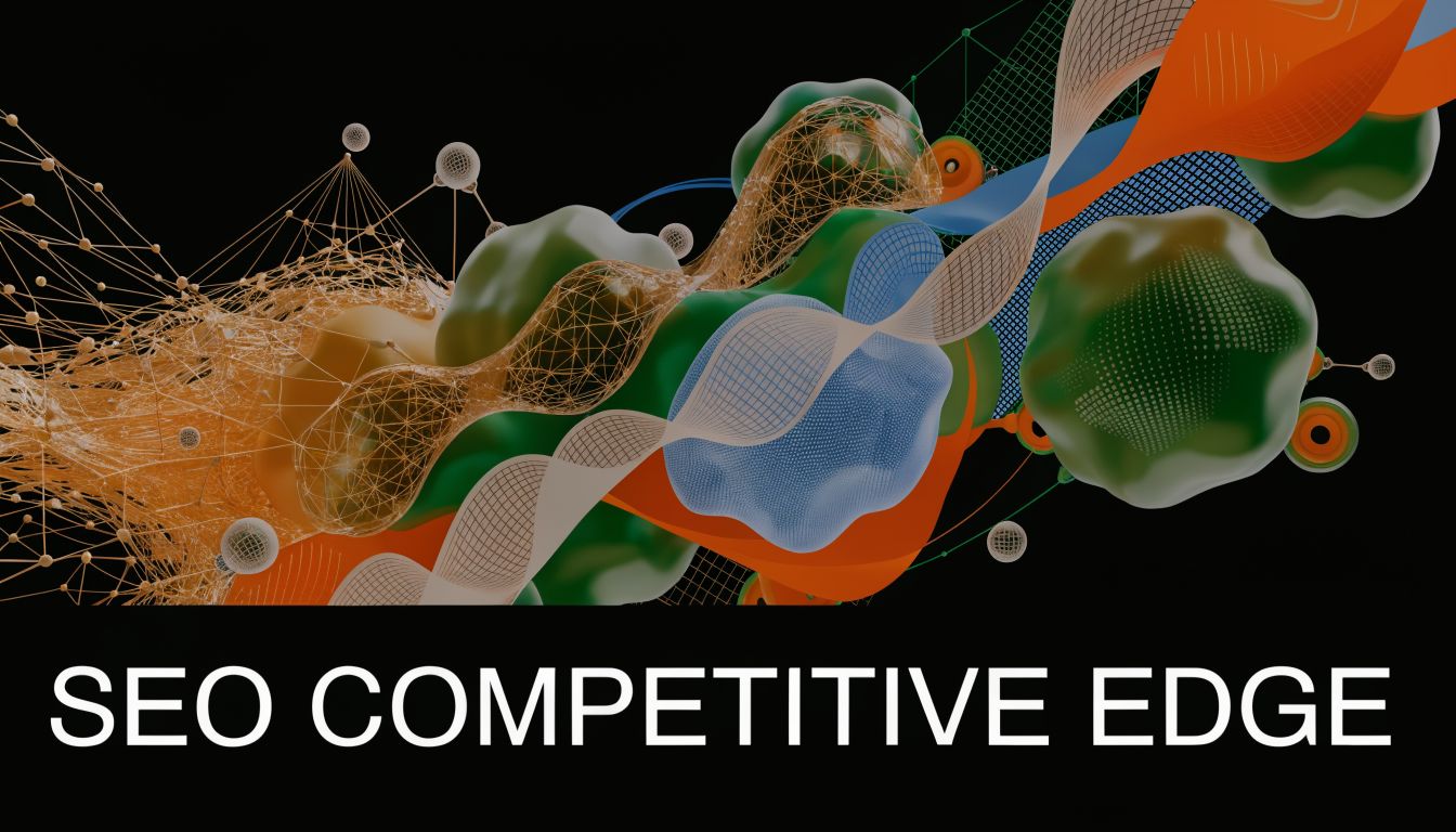 An abstract graphic featuring fluid shapes and a network of connected nodes with the text SEO COMPETITIVE EDGE.
