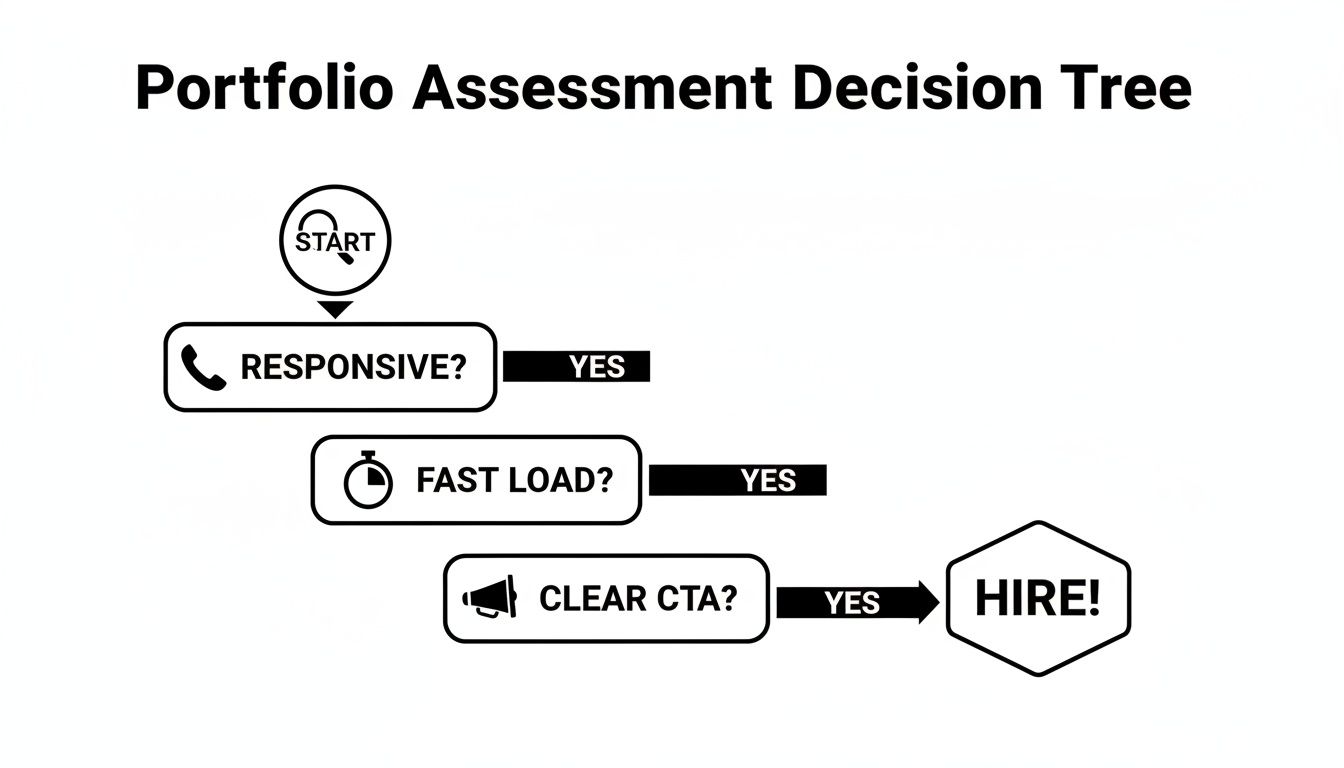 A decision tree flowchart for portfolio assessment, evaluating responsiveness, fast loading, and clear calls to action for hiring. Alt Text: A flowchart showing how to evaluate a web designing company's portfolio.