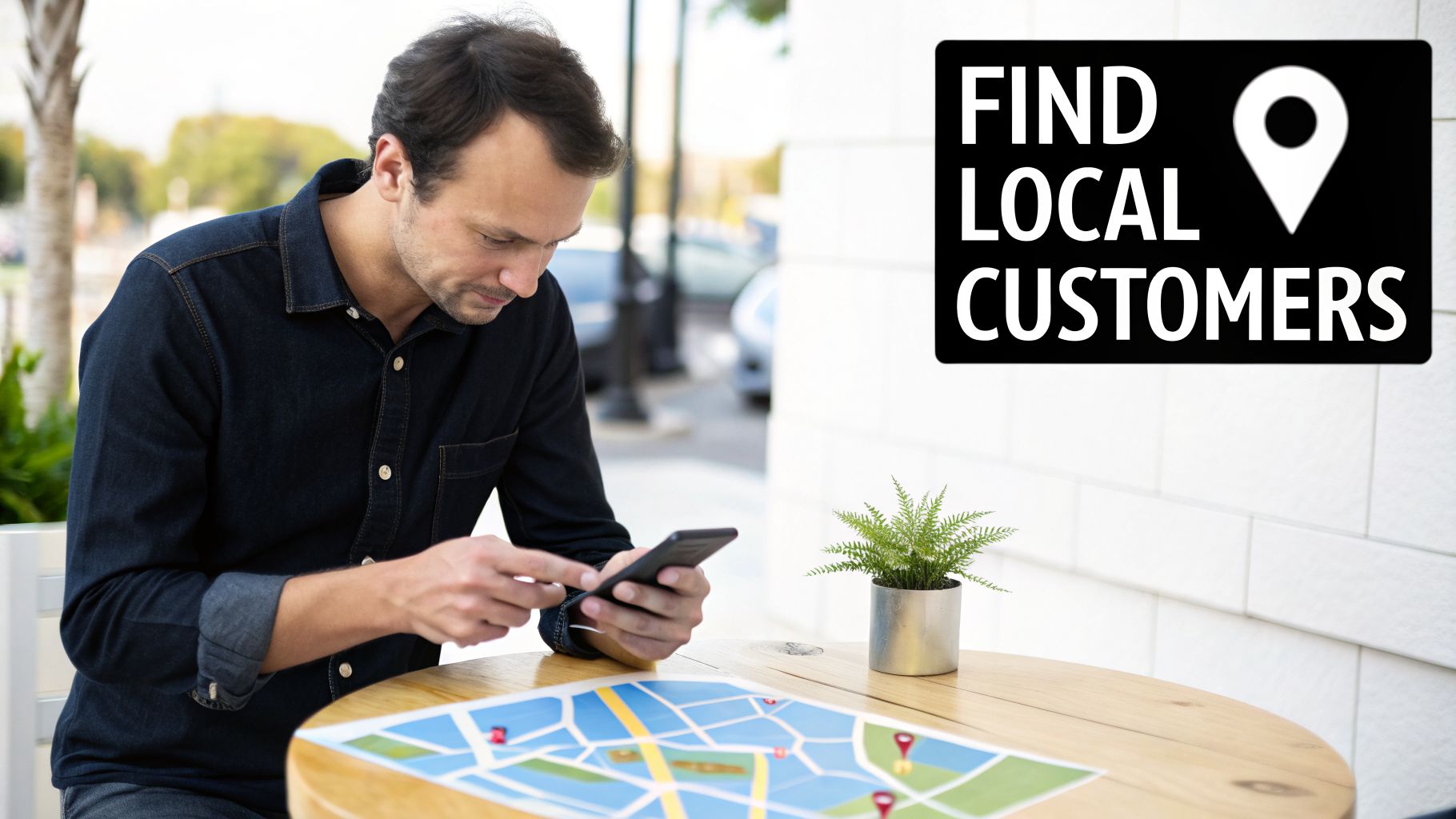 Man using smartphone to find local customers on a map at an outdoor cafe. Alt Text: A web designing company helping a business find local customers with SEO.