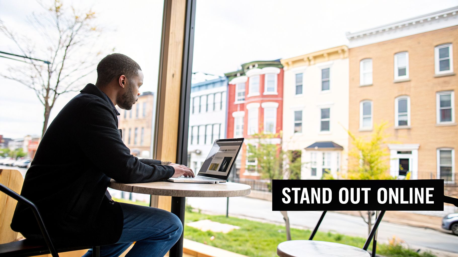 Man working on a laptop at a cafe window overlooking a city street with colorful buildings. Alt Text: Professional web designing company building a standout website for a business.