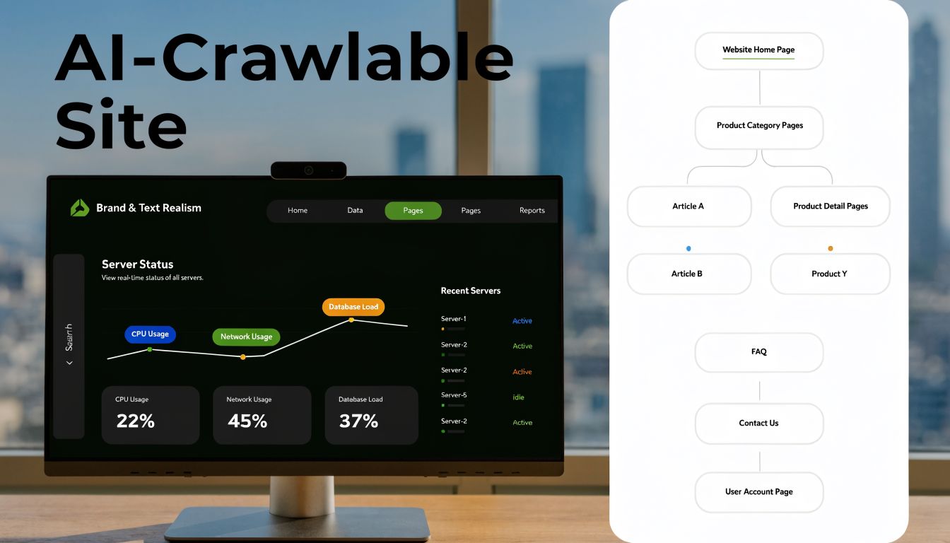 6 step design process AI crawlable site dashboard on a monitor beside a website structure diagram