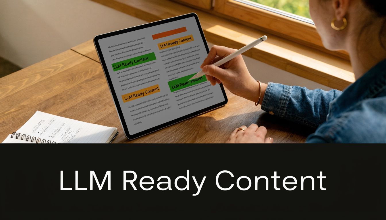 6 step design process LLM content workflow shown on a tablet with labeled documents