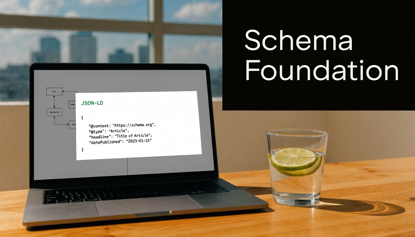 6 step design process schema foundation on a laptop displaying JSON-LD code beside a glass of water