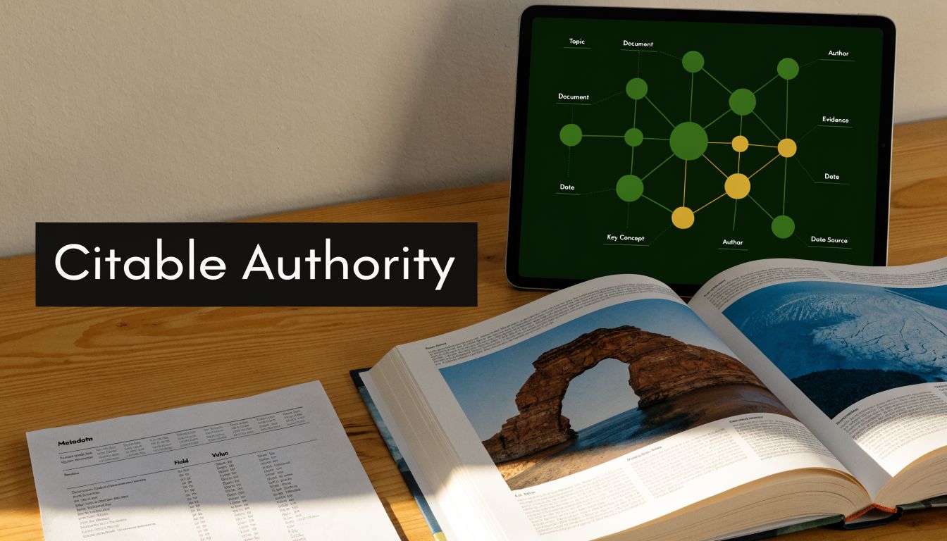 A digital tablet displaying a network knowledge graph next to an open book with nature photography.