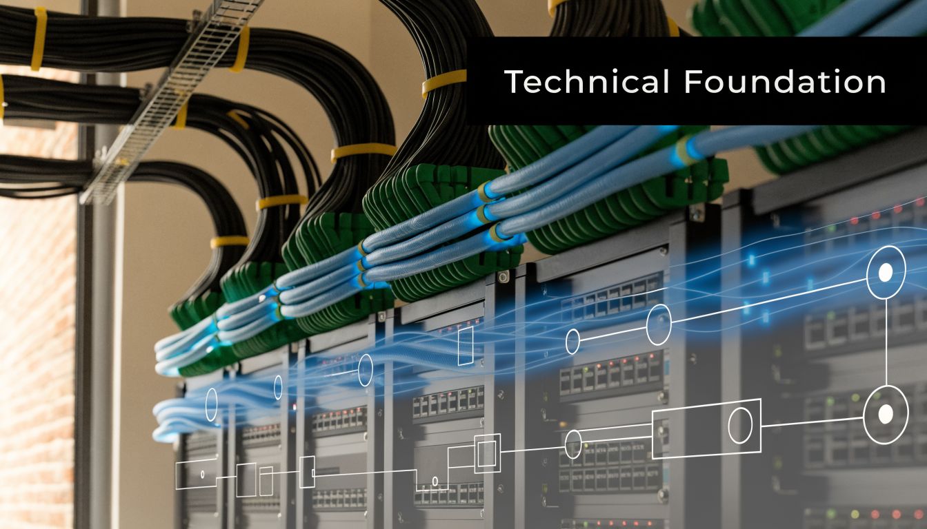 A server room infrastructure showing organized black and blue network cabling connected to server racks.