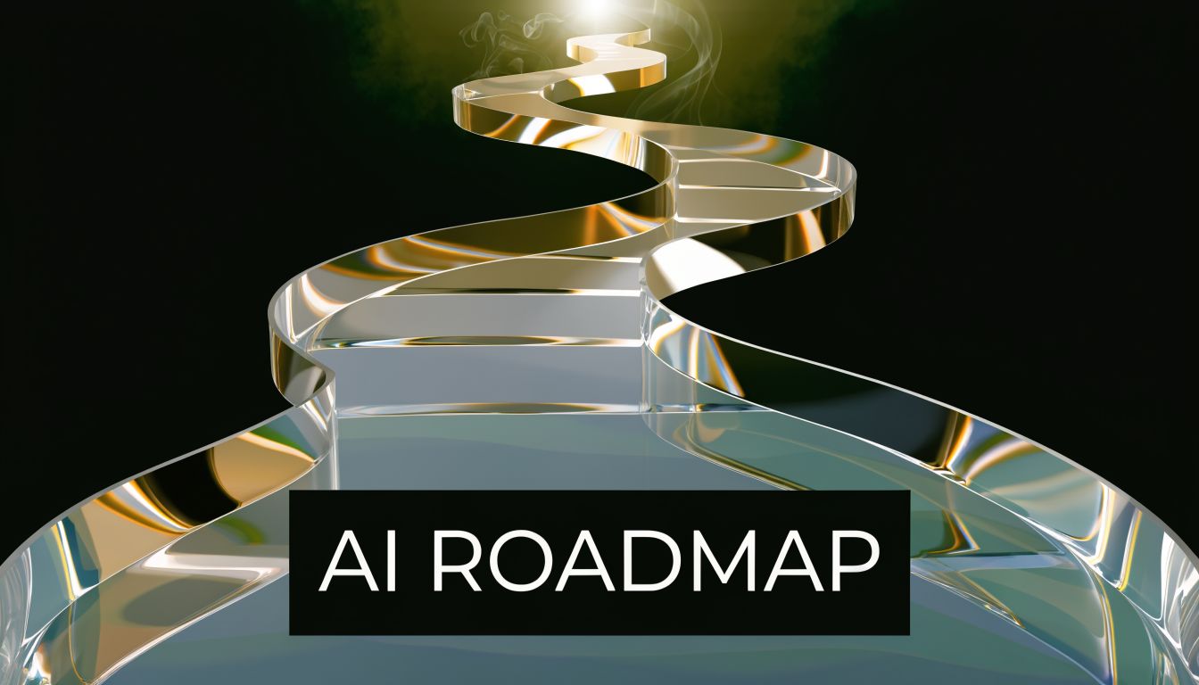 A conceptual, shiny, reflective path winding towards a bright light representing an AI development roadmap journey.