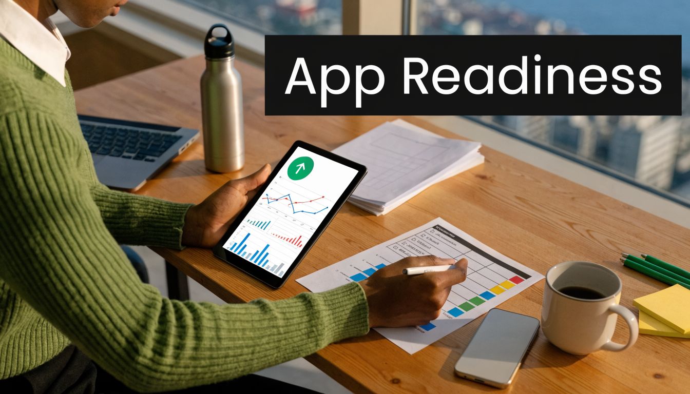 A professional analyzing data and business charts on a tablet while sitting at an office desk.
