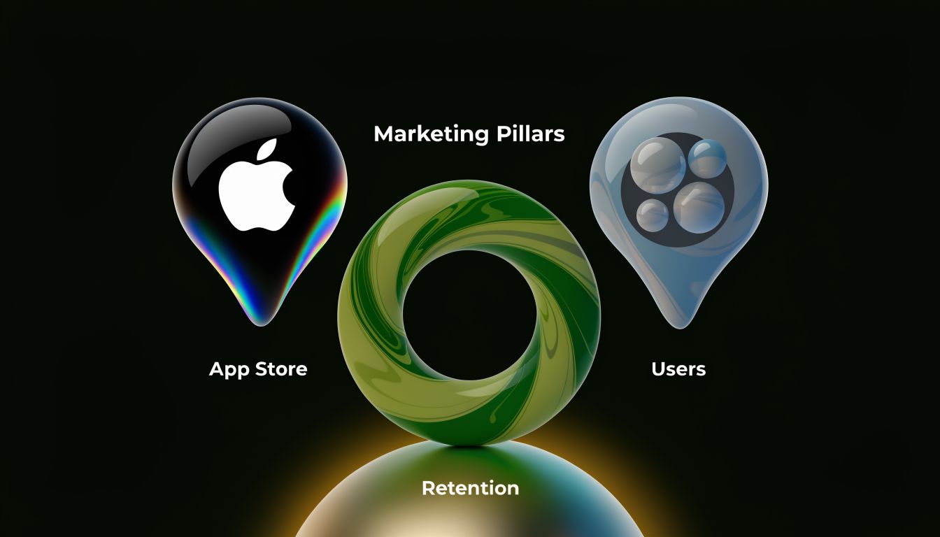 A 3D graphic showing Marketing Pillars including App Store, Retention, and Users, presented as abstract icons.