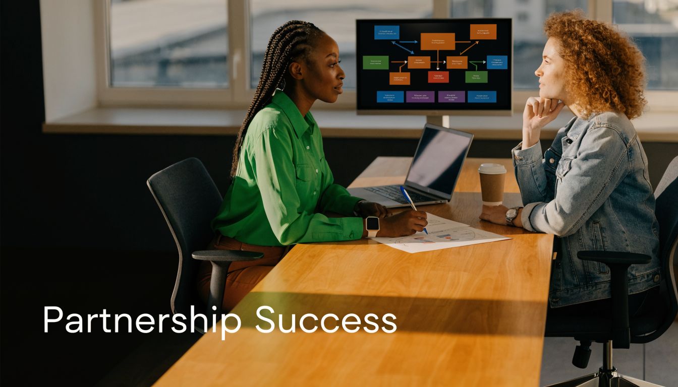 A businesswoman meeting with a female colleague in an office to discuss partnership success and strategies.