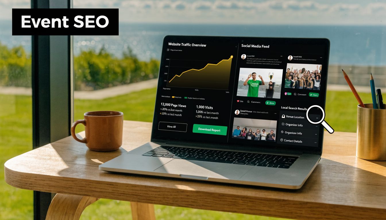 A laptop on a wooden table displaying event website traffic analytics and social media marketing dashboard.