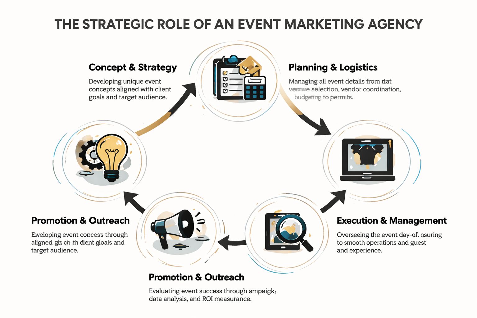 A circular infographic illustrating the five strategic stages of an event marketing agency's process cycle.