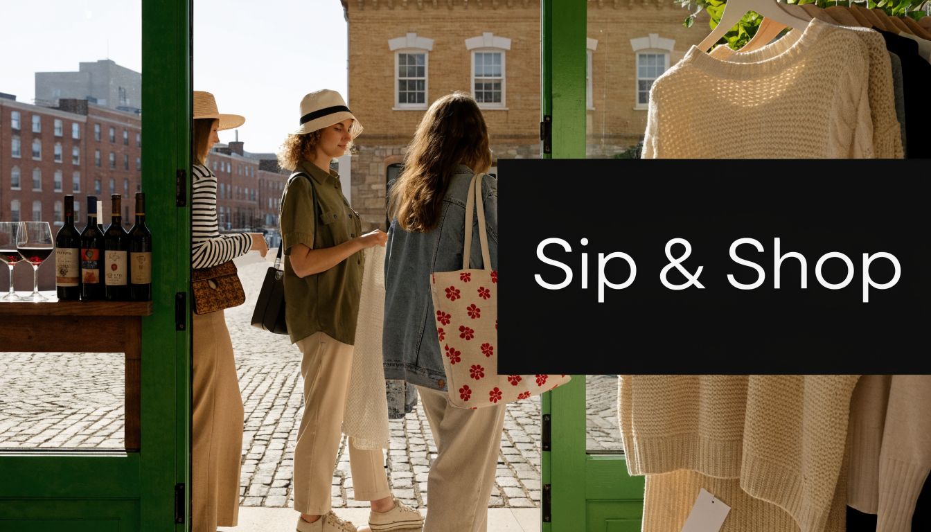 Three women walk into a boutique store while holding glasses of wine for a Sip and Shop event.