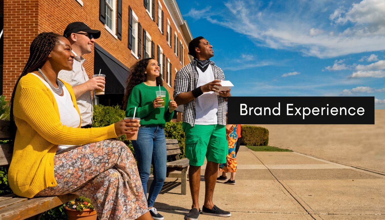 A diverse group of four people enjoying a meal and socializing outside on a sunny day.