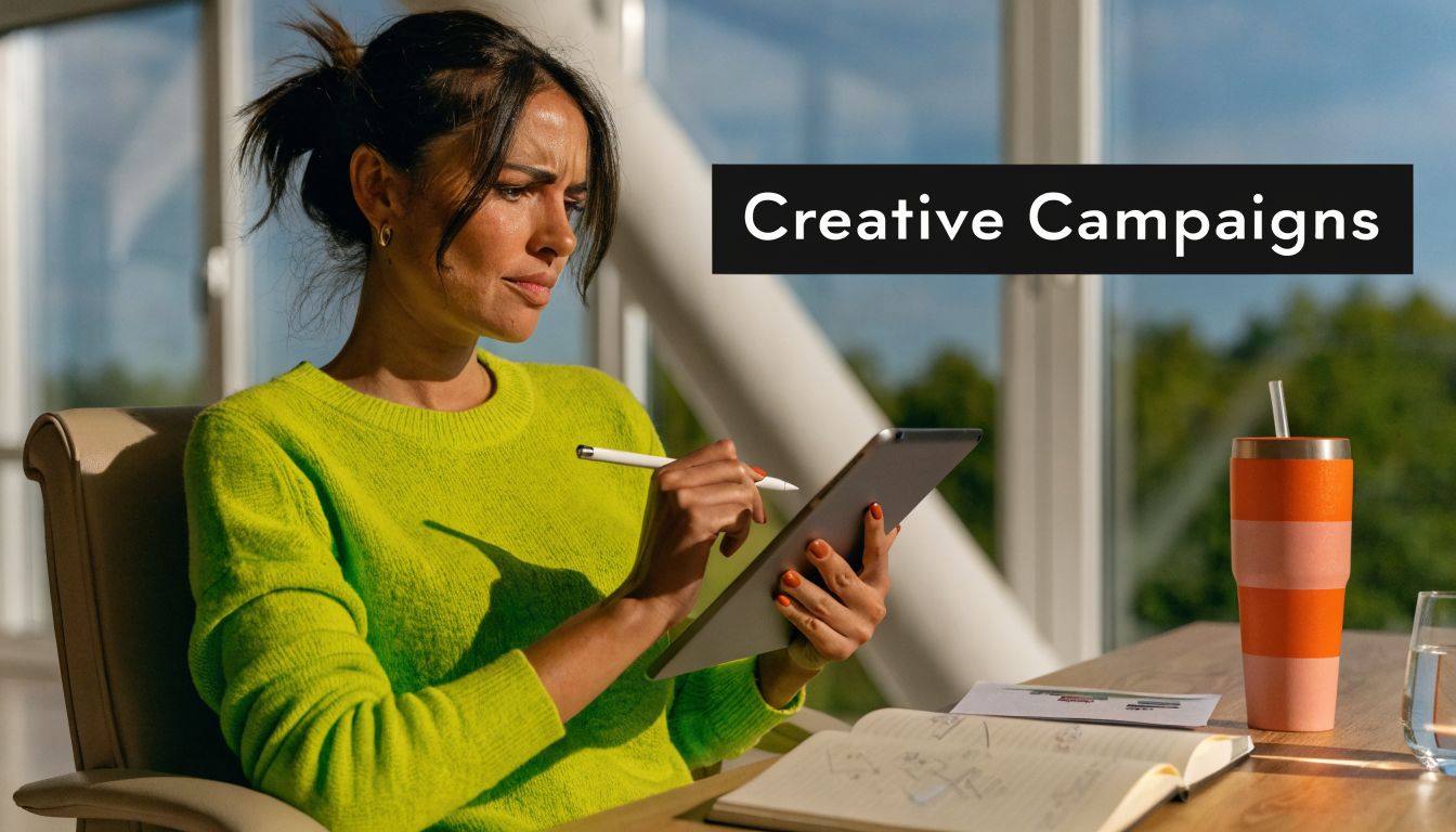 A professional woman in a lime green sweater uses a digital tablet while sitting by a window.