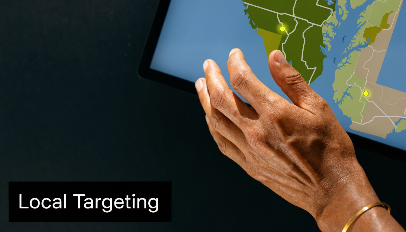 A close-up of a person's hand interacting with a digital map display for local targeting strategies.