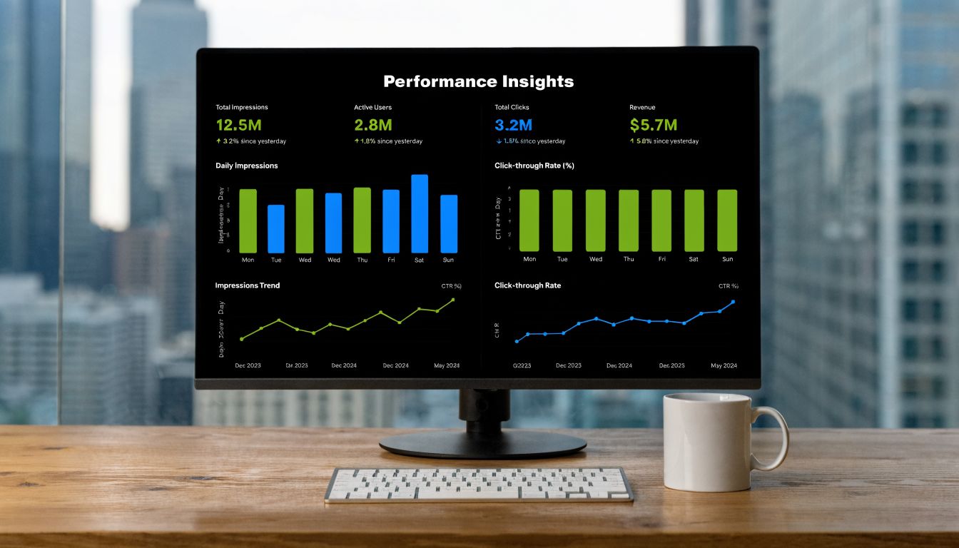 Computer monitor showing a digital dashboard with performance analytics and data charts for advertising insights.