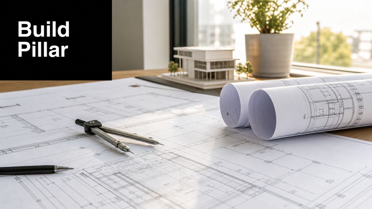 A professional architectural workspace featuring construction blueprints, a drafting compass, a pencil, and a scale house model.