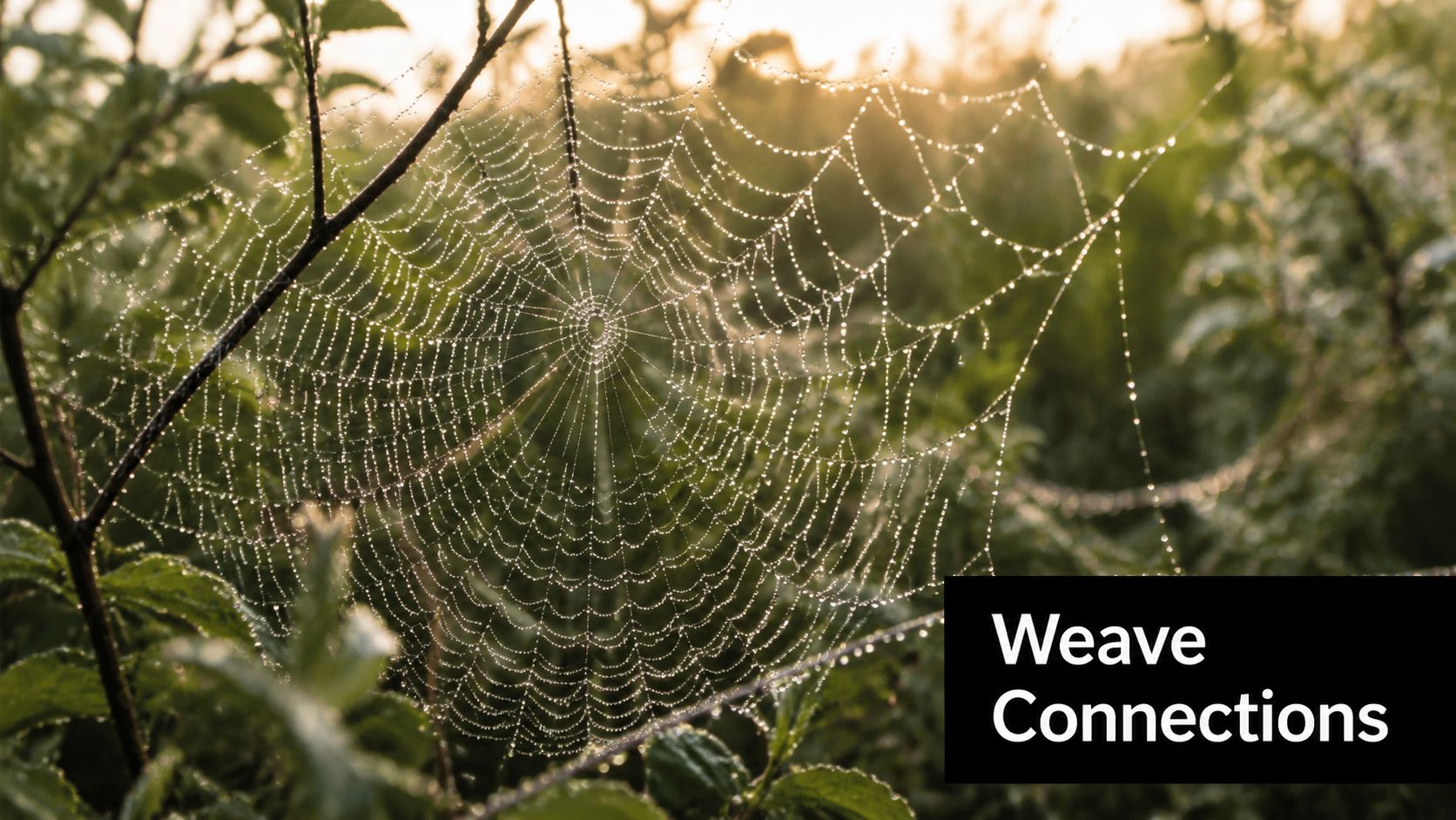 A delicate spider web covered in glistening morning dew drops suspended between green foliage at sunrise.