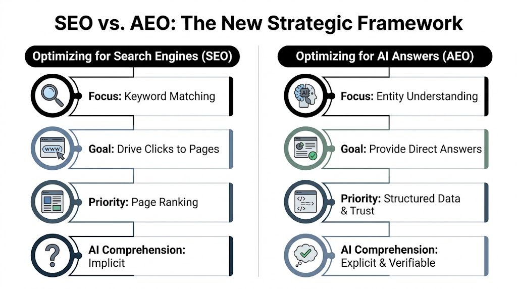 A comparison chart outlining the key differences between traditional SEO and AI-driven AEO strategies for content optimization.