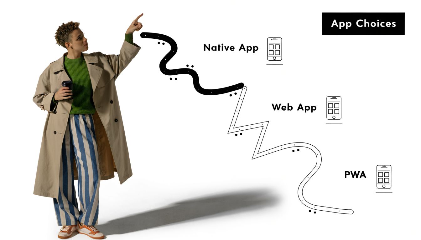 A person pointing toward a graphic illustrating the choice between native apps, web apps, and PWAs.