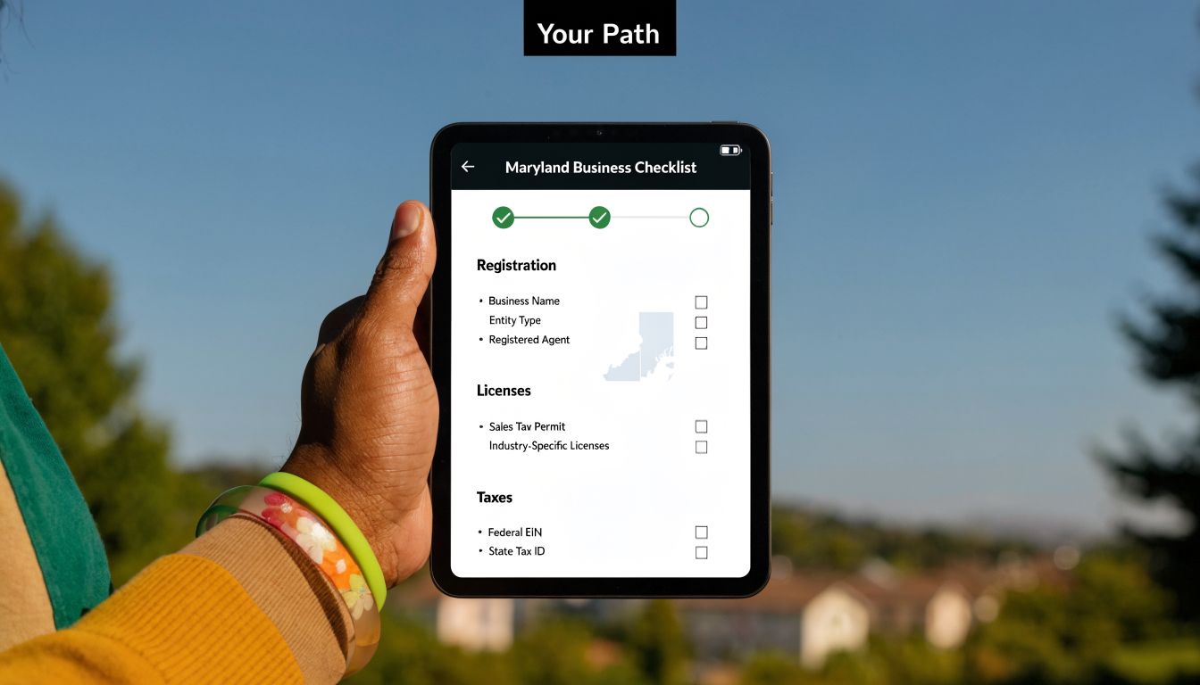 A hand holding a digital tablet displaying a Maryland business registration and licensing checklist application.