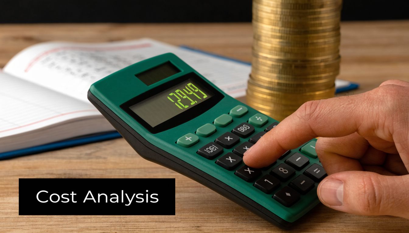 A hand using a calculator on a desk next to coins and a notebook for cost analysis.