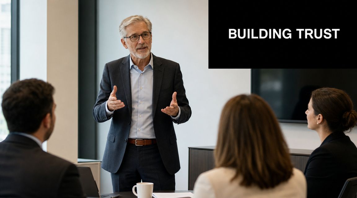 A professional man in a suit speaking to a group of colleagues during a business meeting.