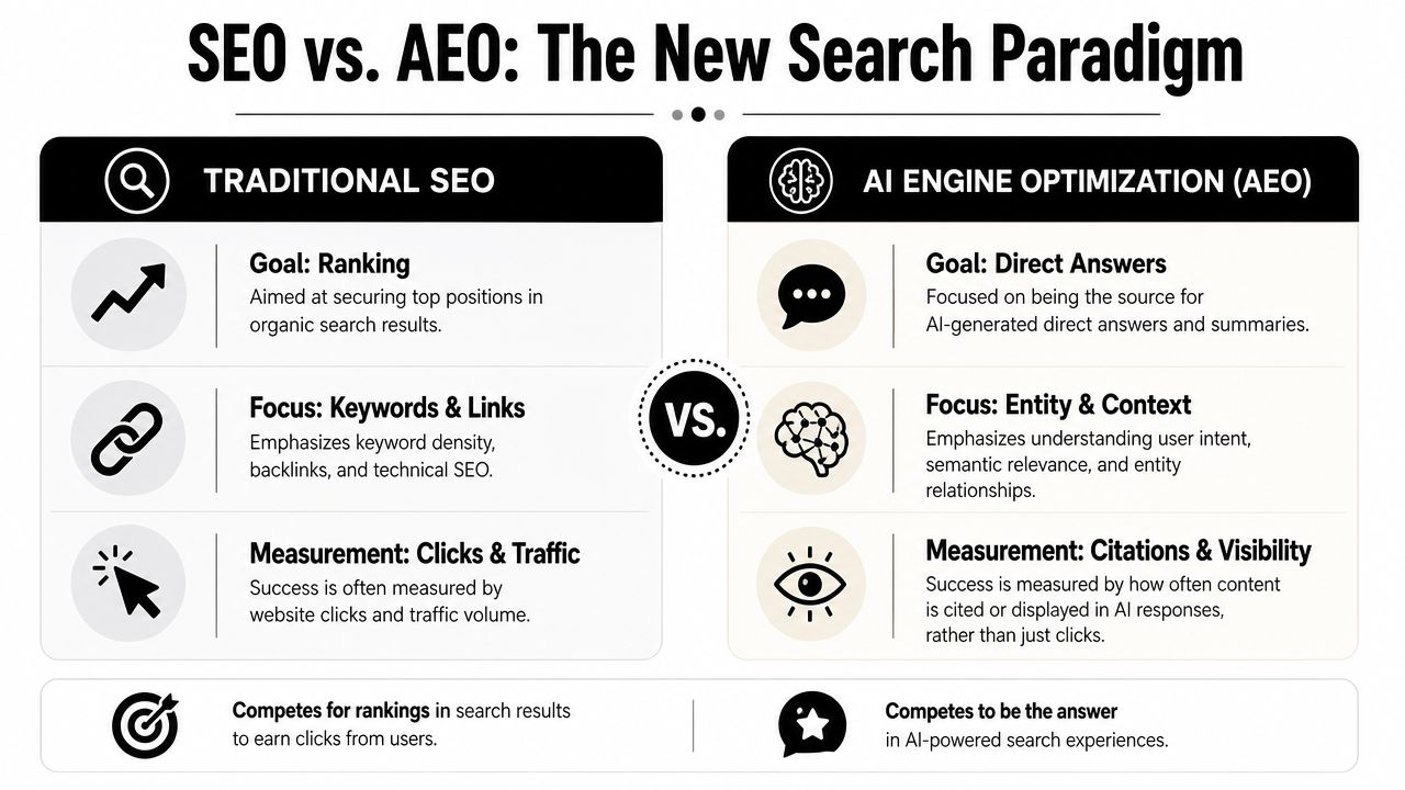 A comparison infographic showing the differences between traditional SEO for search rankings and AI engine optimization for direct answers.