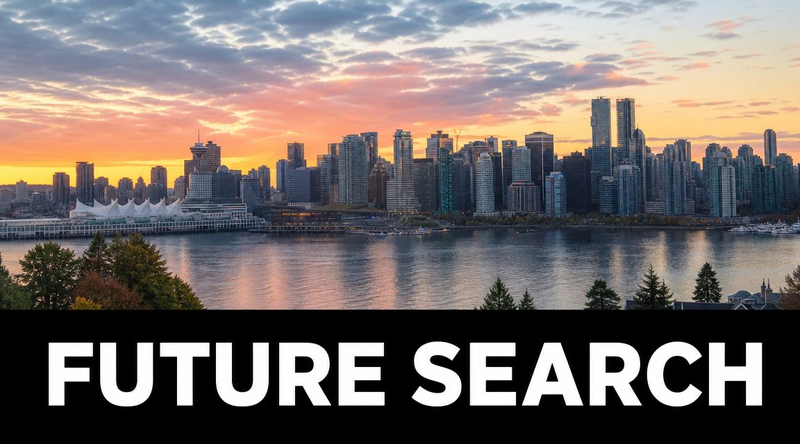 A stunning panoramic sunset view of the Vancouver city skyline reflecting over the calm harbor water.