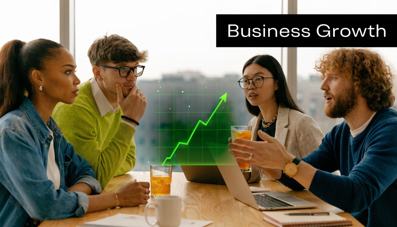 A diverse team of four colleagues discussing business growth strategies around a table with a rising chart.