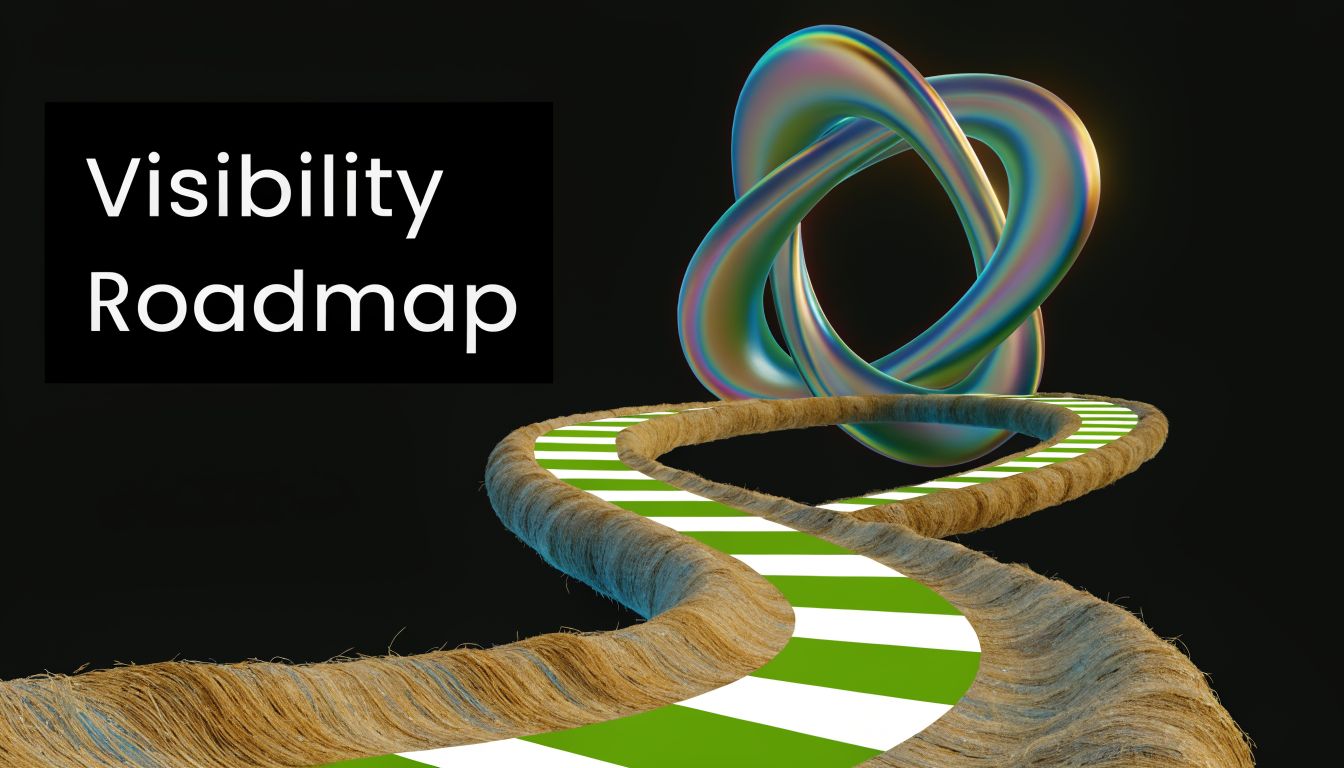 A conceptual road labeled Visibility Roadmap leading toward a futuristic, abstract iridescent geometric shape against black background.