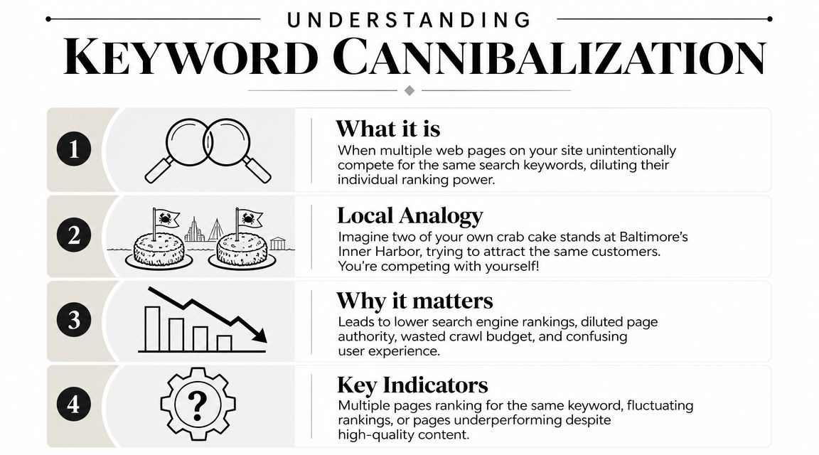 An infographic explaining keyword cannibalization, including its definition, an analogy, importance, and key indicators for SEO.