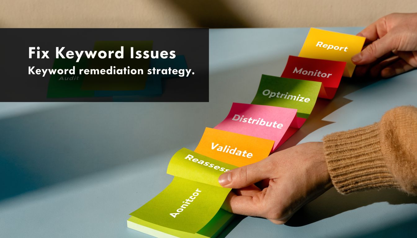 A hand organizing sticky notes in a step-by-step keyword remediation strategy for SEO process.