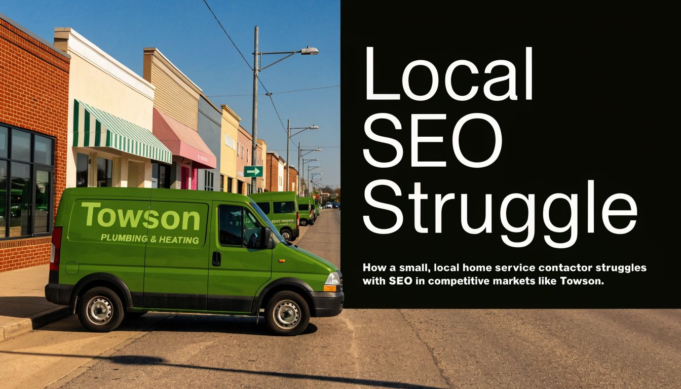 A green utility van parked on a sunny street with text overlay regarding local SEO struggles.