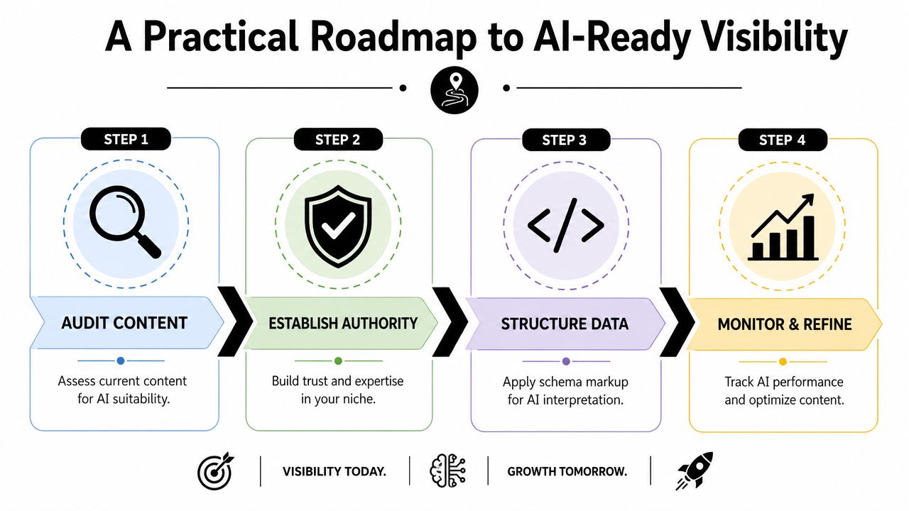 A four-step roadmap graphic illustrating the process of achieving AI-ready visibility for your website's digital content.
