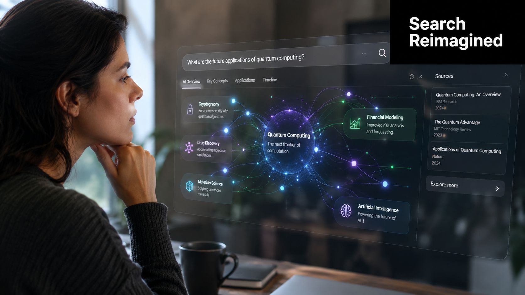 A person looking at a futuristic holographic display showing quantum computing applications and AI data visualization.