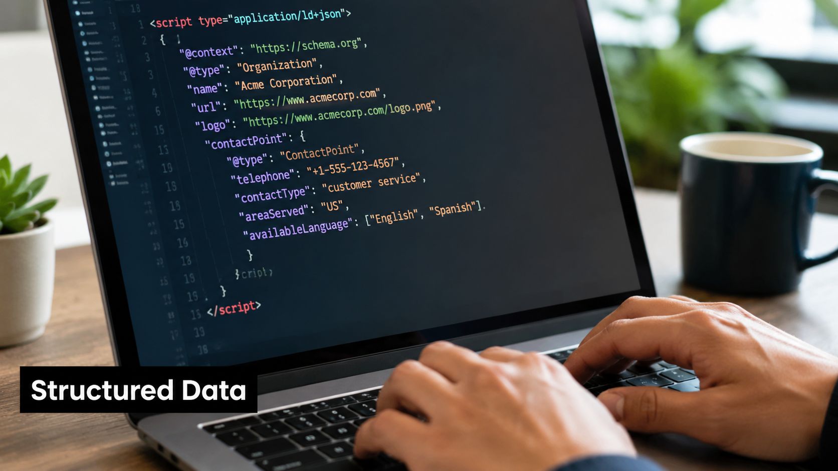 A developer typing on a laptop screen displaying JSON-LD code for structured data implementation.