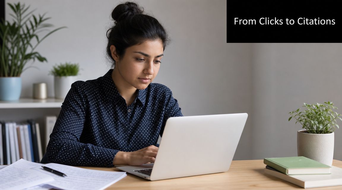 A young woman researches AI search engine optimization strategies on her laptop.