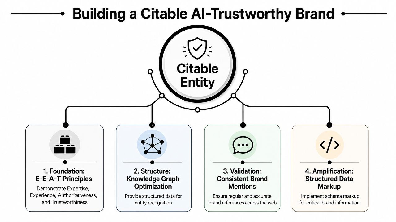 A diagram outlining a four-step strategy for building a citable and trustworthy brand for AI search engines.
