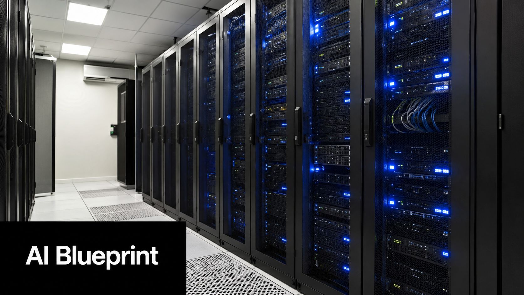 A rows of server racks with glowing blue lights in a modern professional data center facility.