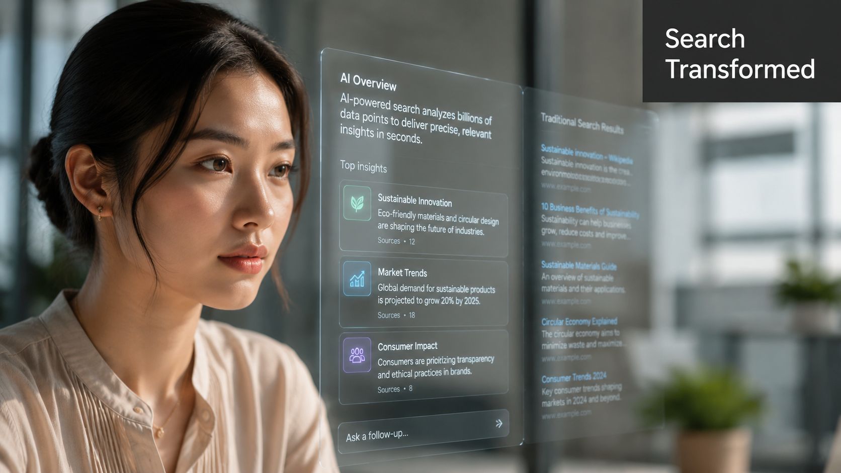 A professional woman interacting with a futuristic digital interface displaying AI search insights about sustainable innovation.